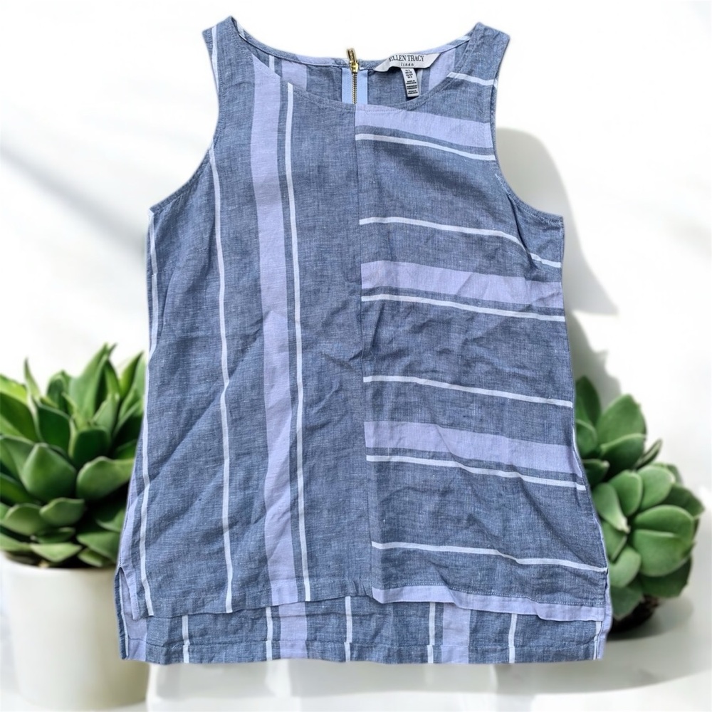 Ellen Tracy Linen Blue and White Sleeveless Tank Top Small